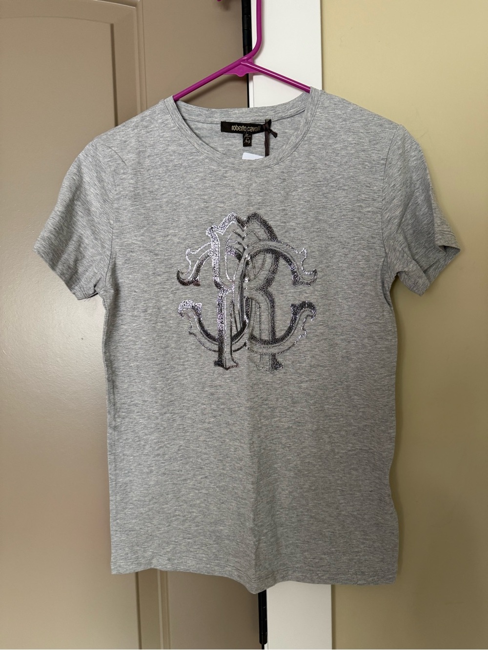 Roberto Cavalli Silver Size L Sequin Logo Tee
